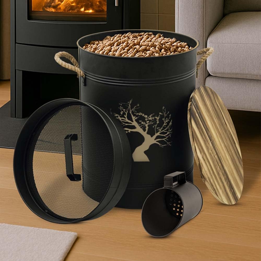 FACILITYS Réservoir à Pellets 51L avec Pelle et Tamis, Bac à Granulés en Acier Noir Design, Coffre à Pellets pour Poêle à Granulé, Seau à Pellets avec Filtration Anti Poussière