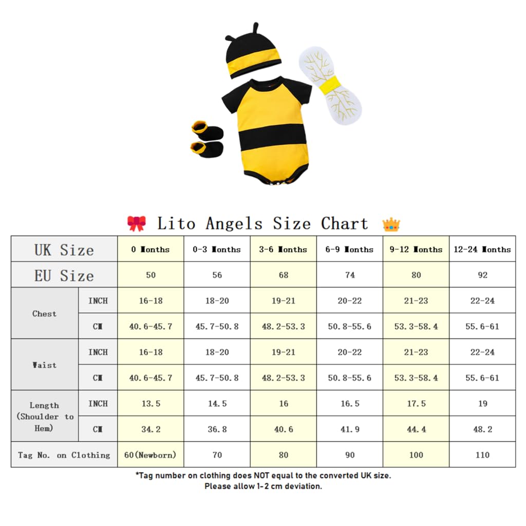 Lito Angels Deguisement Body Barboteuse Abeille avec Ailes, Chaussettes et Chapeau pour Bebe Garcon Filles Taille 0 à 12 mois, Jaune Noir