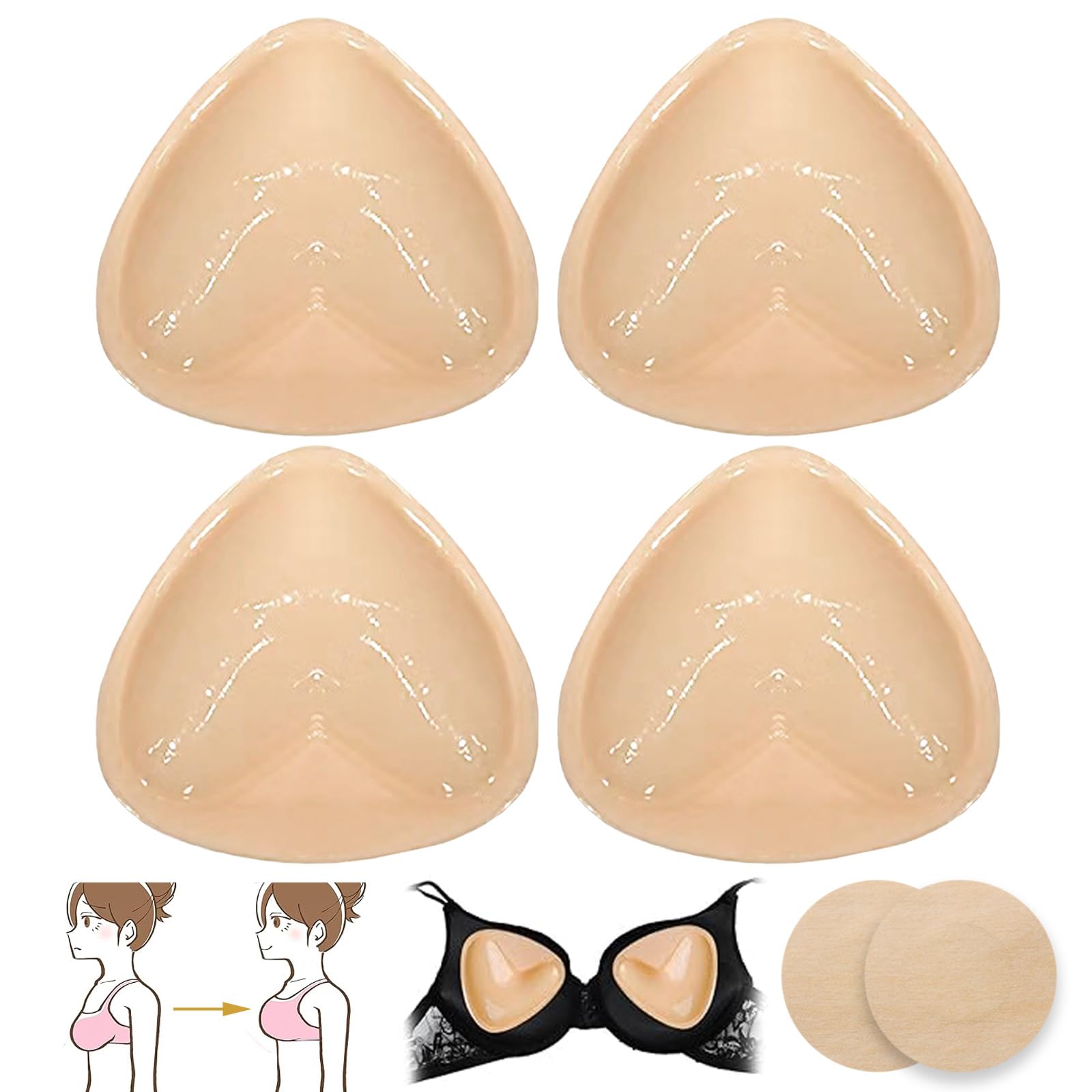 Katslyn Women's Skin Color 2 Pairs Boost Cups Sticky Bra Inserts With 1 Pair Breast Stickers,Boost Cups Double Sided Adhesive Push Up Pads,Push Up Sticky Bra,Reusable And Washable,For Girls Swimsuits Bikini