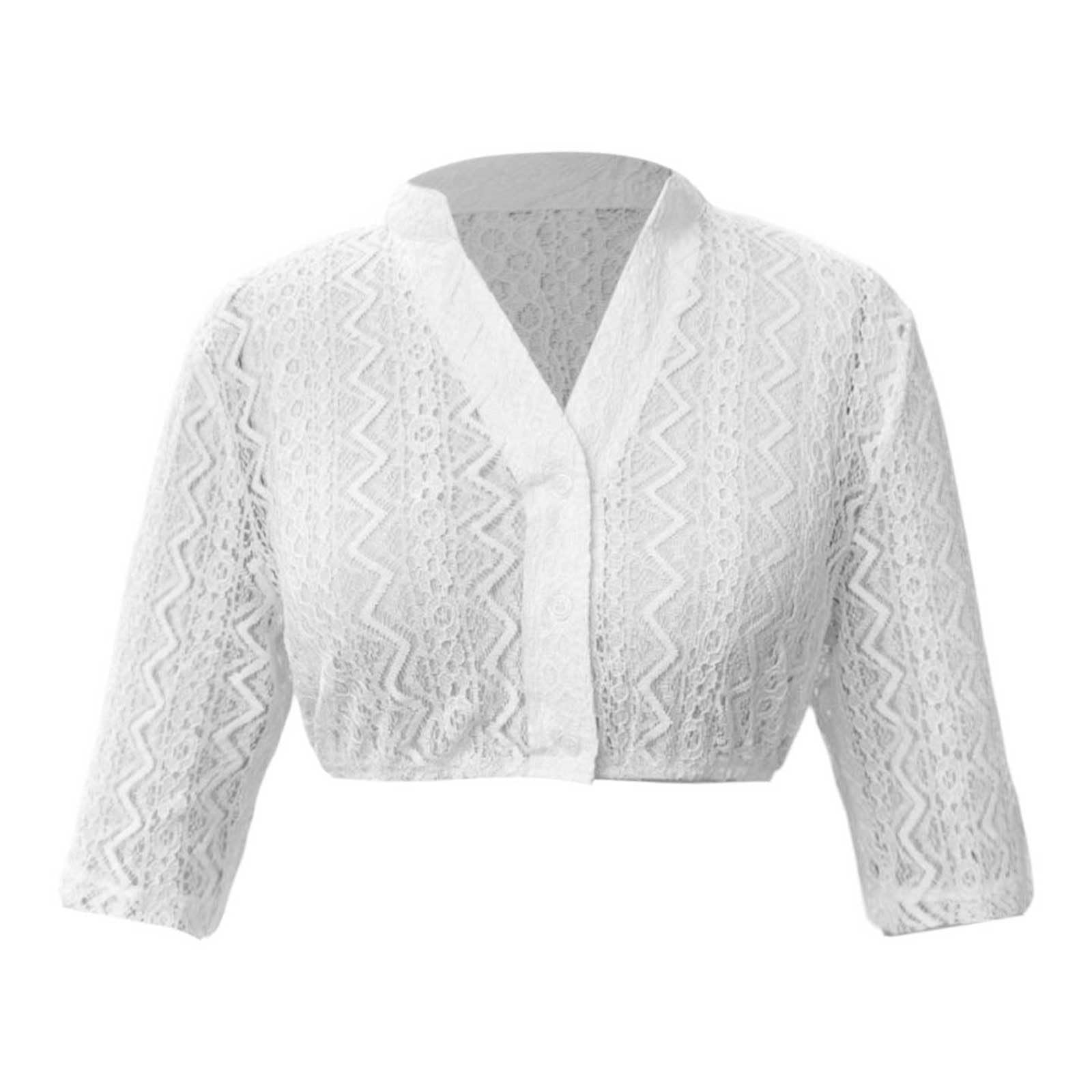 Generisch Camicetta tradizionale da donna con maniche ad aletta, in pizzo trasparente, con scollo a V, colore bianco