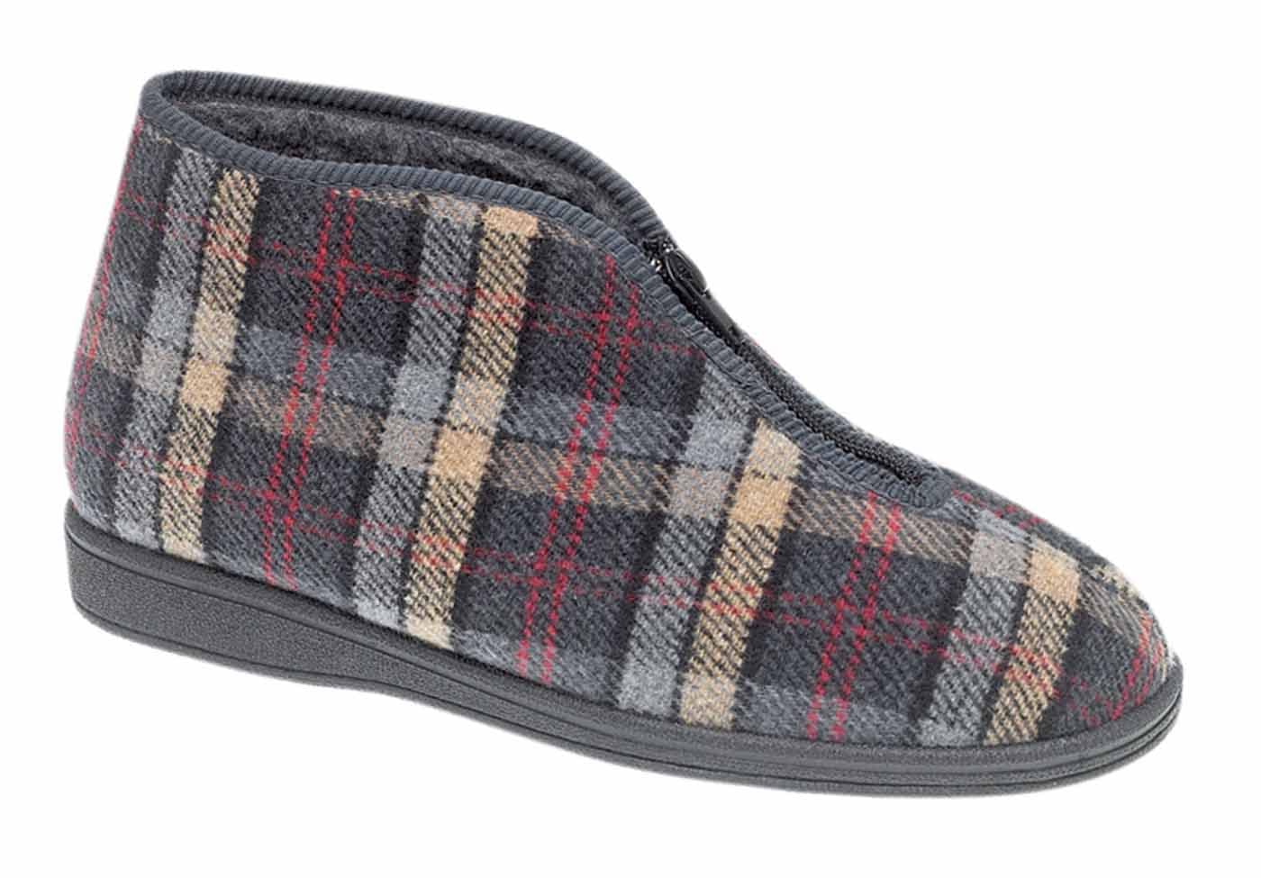 SleepersMens Thermal Zip Bootee Slippers Grey Check Velour Warm Fleece Lined