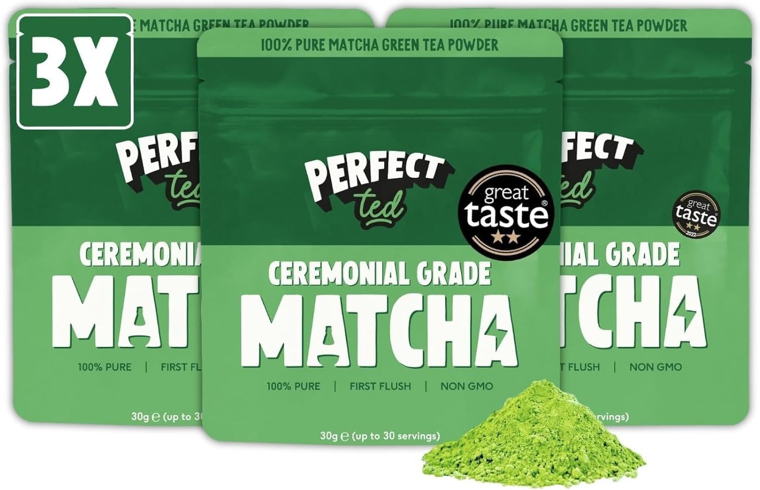PerfectTed Organic Matcha Powder, Ceremonial Grade Japanese, 3 x 30g (90 Servings) Bulk Pack, Perfect for Lattes & Smoothies | with L-Theanine | Vegan | Gluten-Free