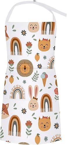 Miniatura 8 de Delantal de chef floral de dibujos animados con bolsillos, colorido y lindo animal, búho, zorro, ciervo, flores, hojas para cocina