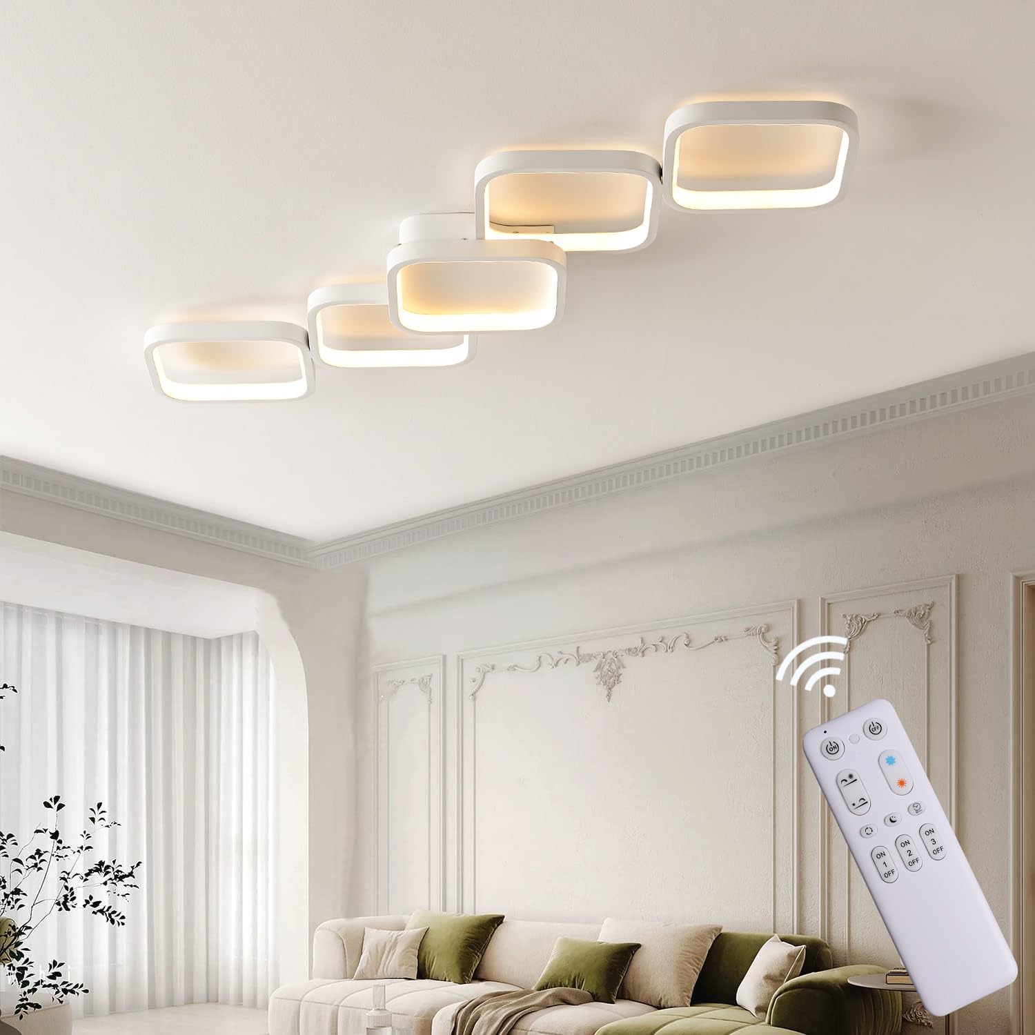Lámpara de Techo LED Regulable con Mando Distancia Lampara Techo Salón Lámpara de Dormitorio Blanco 45W Iluminación de Techo Rectangular de 92 cm, Luz De Techo De Con Luz Nocturna Y Función De Memoria