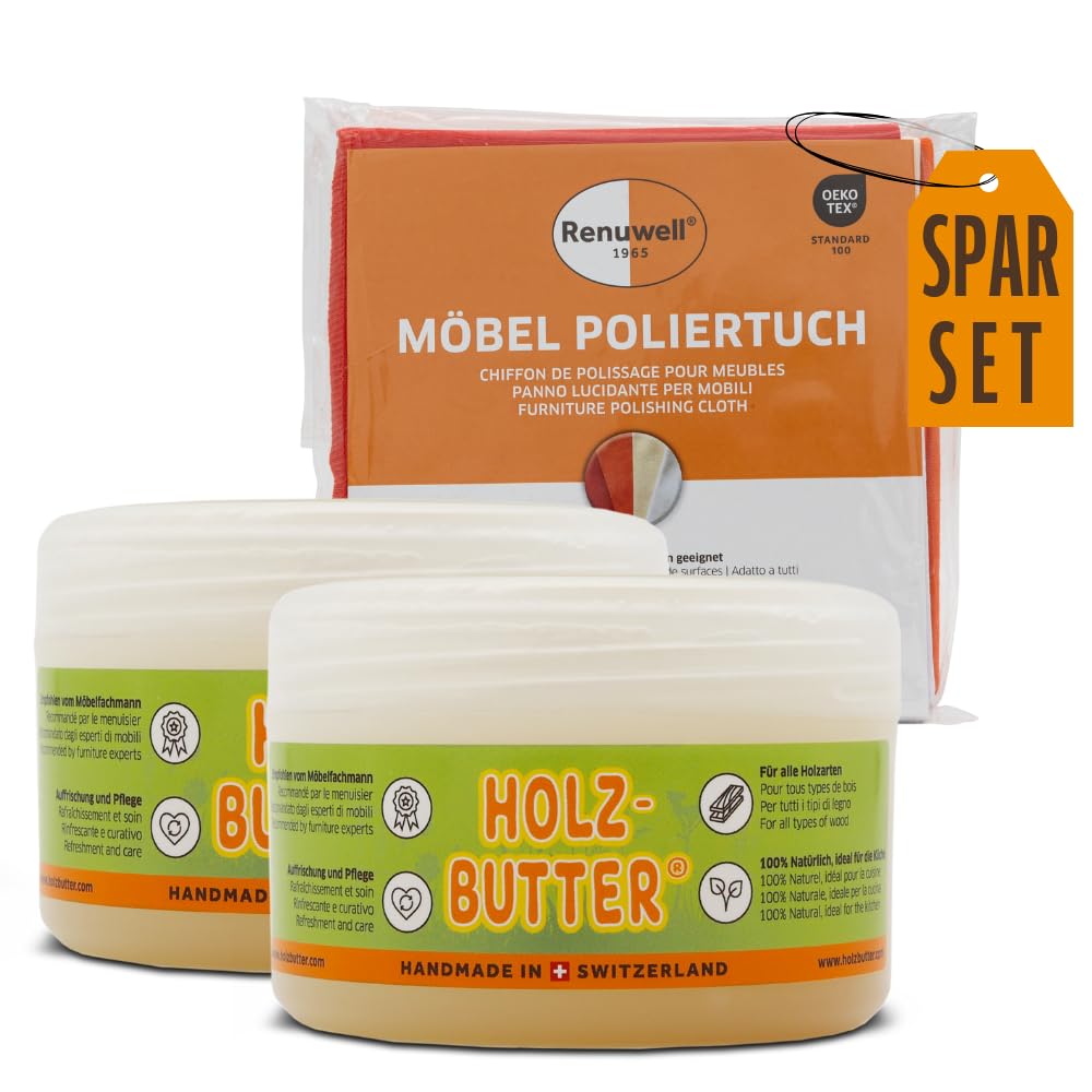 Renuwell Holz-Butter, 2x 250 ml, Intensiv-Pflege für alle Holzarten zur Möbelpflege & Möbel-Poliertuch aus Baumwolle 4-er Set fusselfrei und langlebig, reinigt und poliert Holz, Kunststoff und mehr