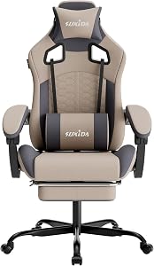 SUKIDA Ergonomic Gaming Chair for Adult, Comfortable Desk Chair with Massage, Comfy Headrest and Lumbar Support Pc Office chairs with Footrest, Height Adjustable Rotating Task Chairs