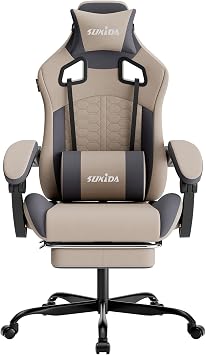 SUKIDA Ergonomic Gaming Chair for Adult, Comfortable Desk Chair with Massage, Comfy Headrest and Lumbar Support Pc Office chairs with Footrest, Height Adjustable Rotating Task Chairs