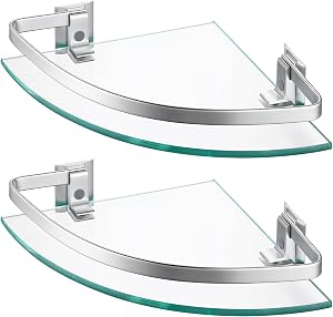 Raft de colț din sticlă KES A4120A-P2 pentru duș și baie, cu bară de fixare din aluminiu și sticlă securizată extra groasă, argintiu, 2 bucăți