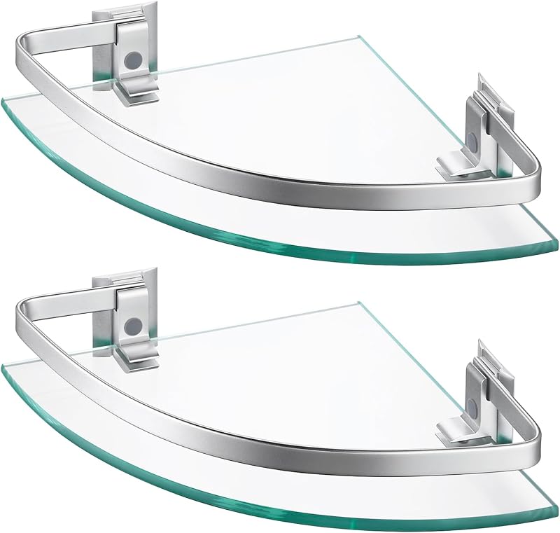 Raft de colț din sticlă KES A4120A-P2 pentru duș și baie, cu bară de fixare din aluminiu și sticlă securizată extra groasă, argintiu, 2 bucăți