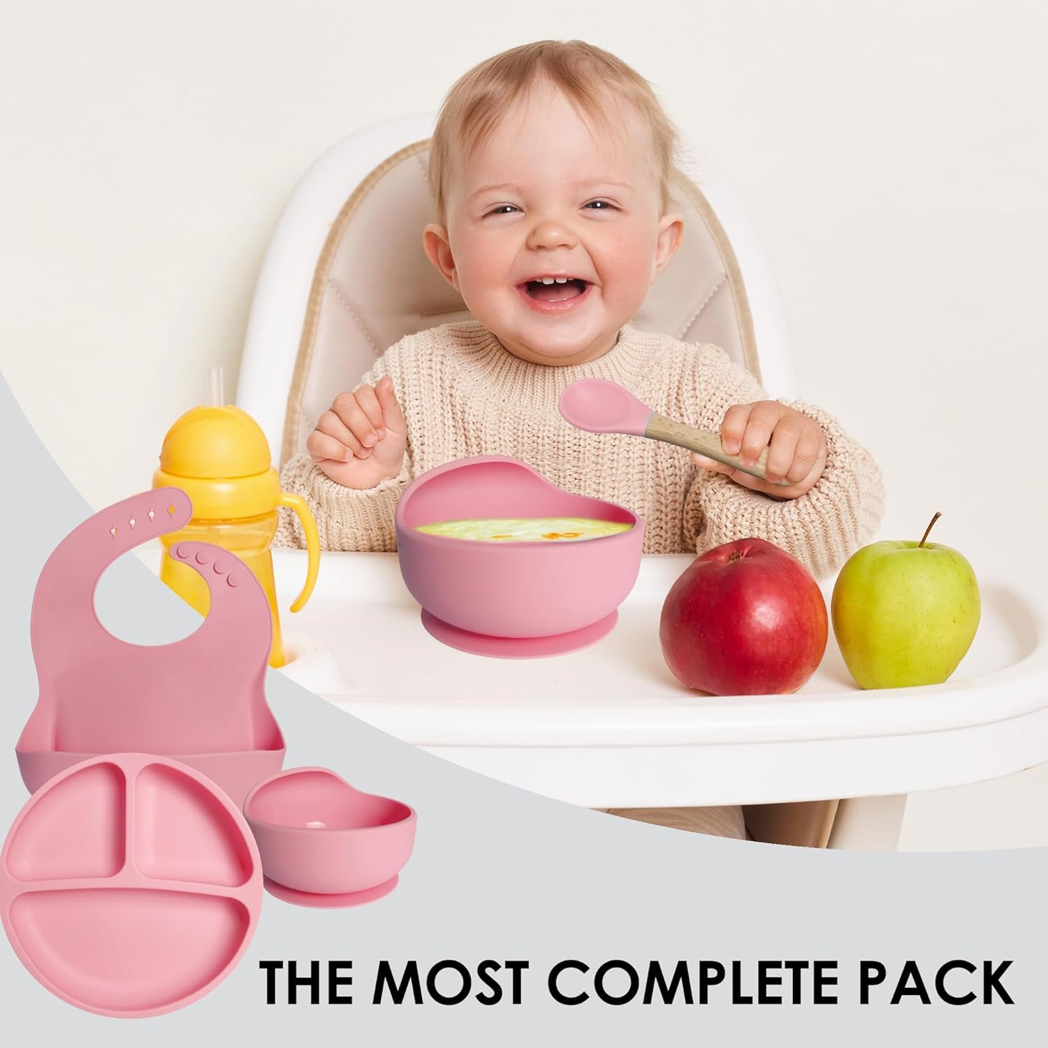 QLECT BPA Free Silicone Baby Feeding Set | Microwave Safe | Complete Set for Feeding & Baby Training | Anti-Slip Base | Babies & Toddlers with Suction Plate Bowl Cup Spoon Fork & Bib (Pink) 4