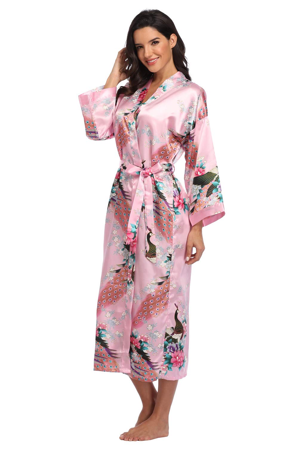 Super Shopping-zoneWomen's Floral Long Silk Kimono Robes Satin Dressing Gown Peacock Blossoms