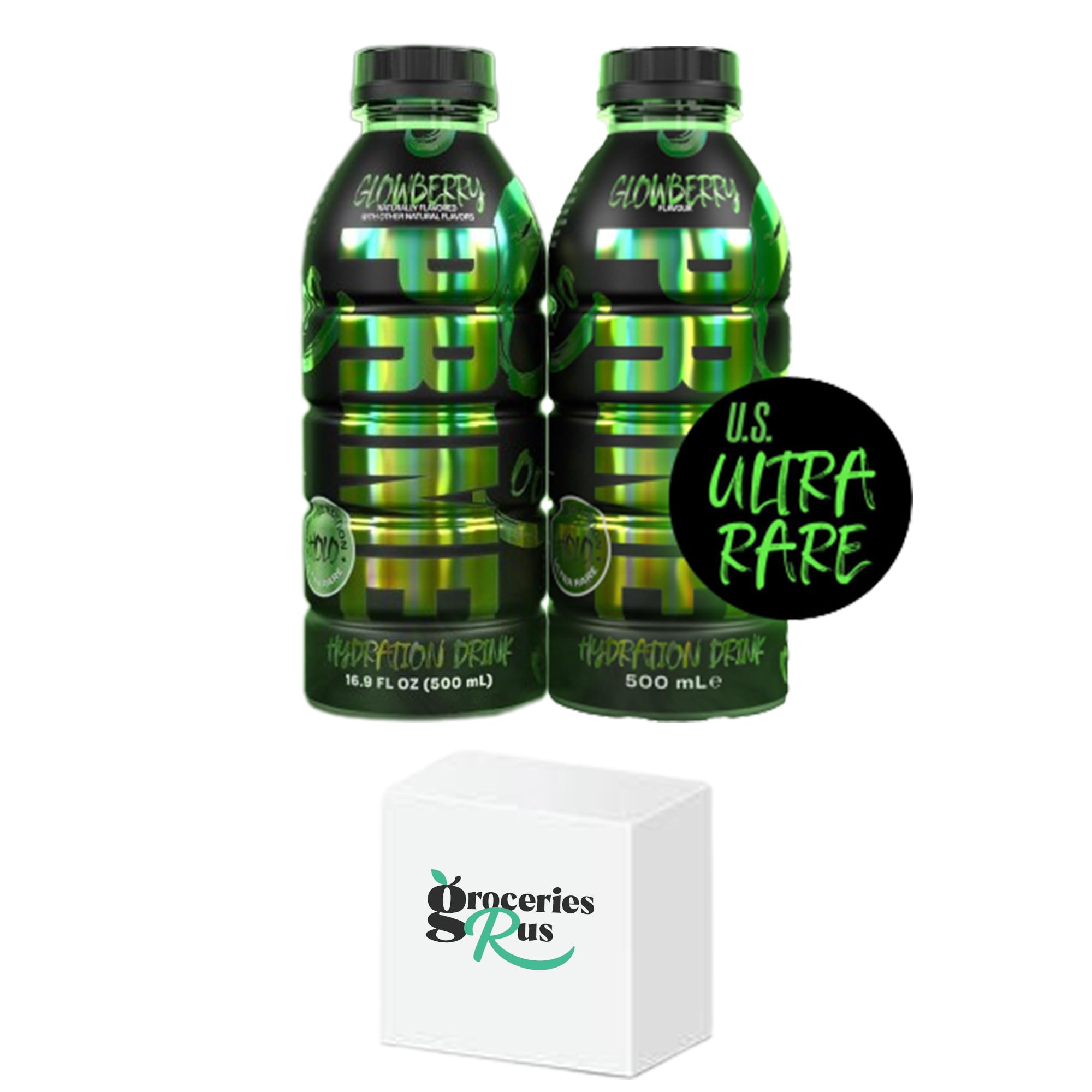 GroceriesRus Prime Glowberry Ultra Rare Holographic Drink Glow in Dark By Logan Paul & KSI (500ml) Pack of 2 - US Import