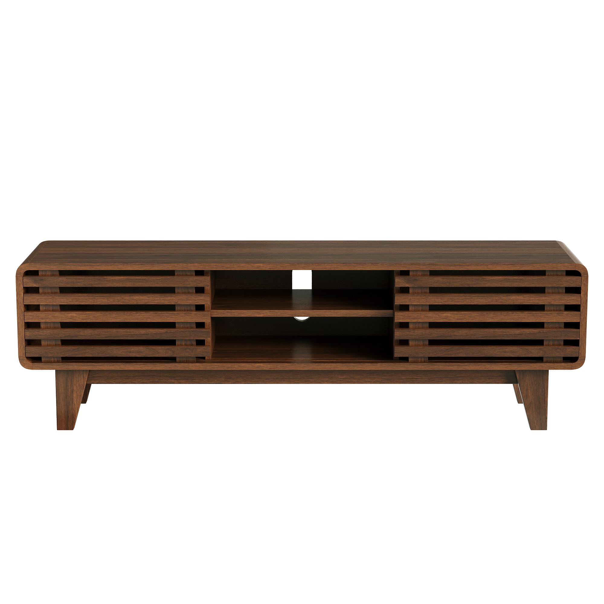 Soporte de TV para TV de 60 pulgadas, centro de entretenimiento moderno de mediados de siglo con almacenamiento, soporte de televisión bohemio con estantes y puertas correderas de rejilla, 8