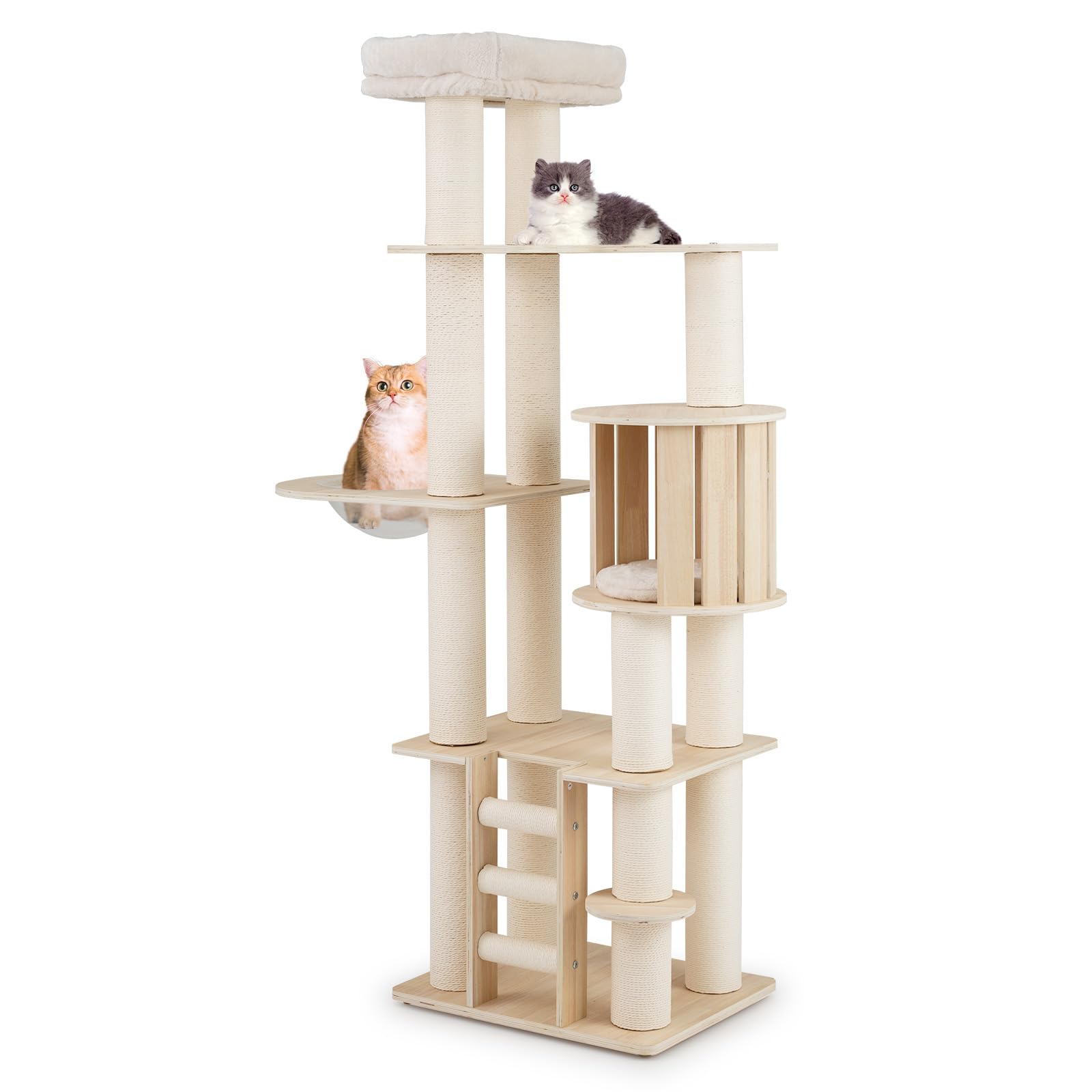 COSTWAY 185 CM Árbol Rascador para Gatos de Madera, Torre Rascador Multinivel para Gatitos Sólida con Condominio, Percha, Postes Rascadores, Escalera, Castillo Gatos de Múltiples Niveles, Natural