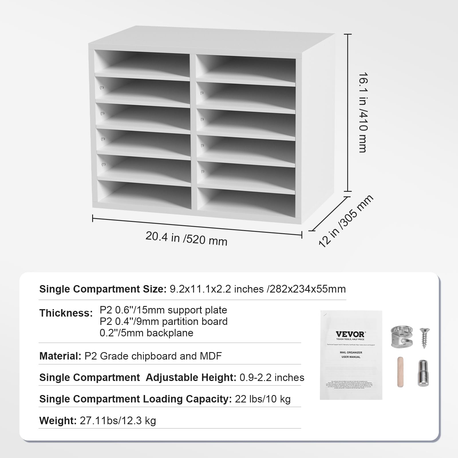 VEVOR Organizador de Literatura de madera Aglomerado Estante de Almacenamiento de Documentos de 12 Compartimentos 52x30,5x41 cm Clasificador de Literatura con Estantes Ajustables para Oficina, Blanco