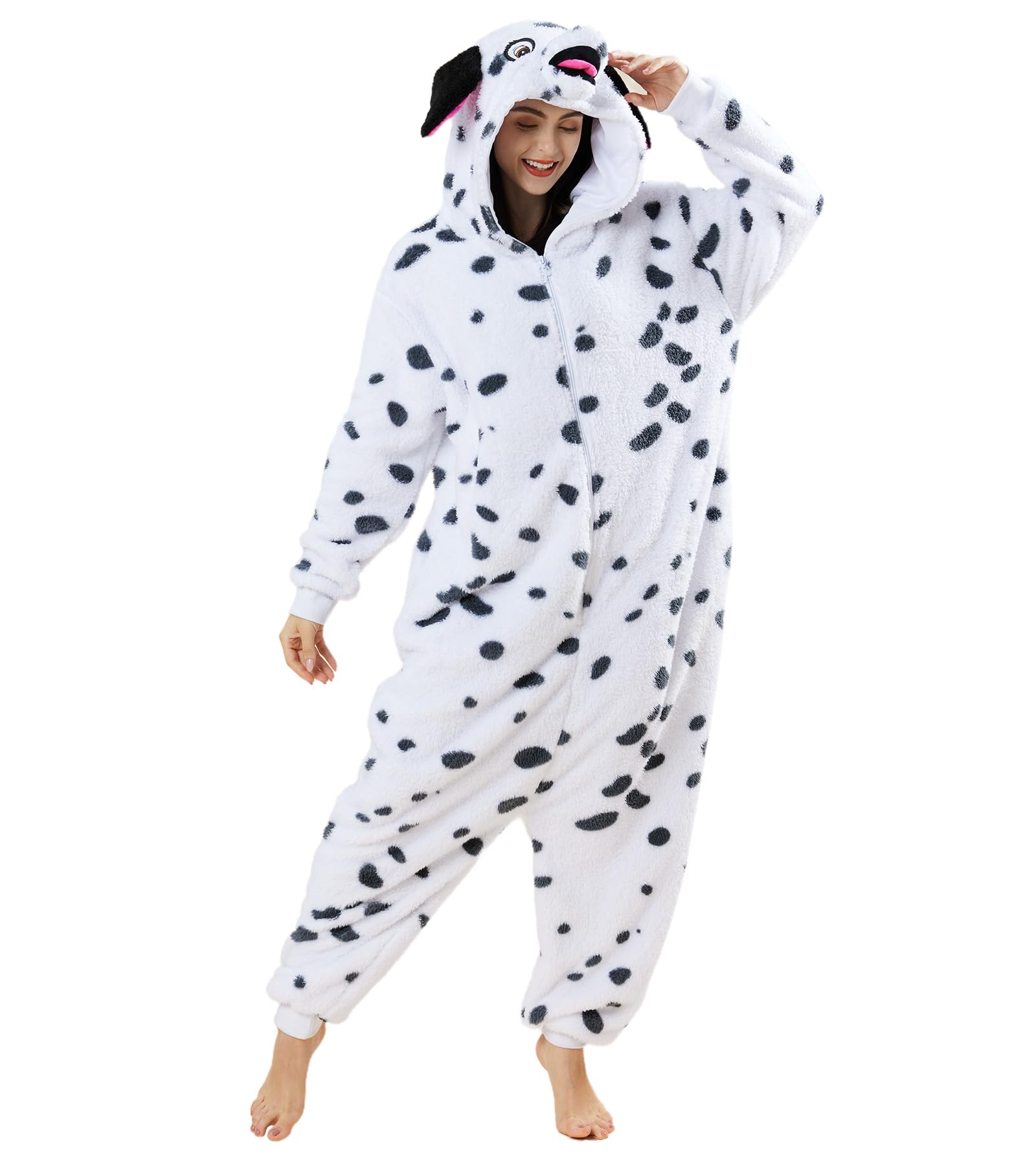 Dodheah Pijama unisex de Dálmata, disfraz de perro manchado, disfraz de Halloween, disfraz de animal para cosplay, overol de una pieza para adultos