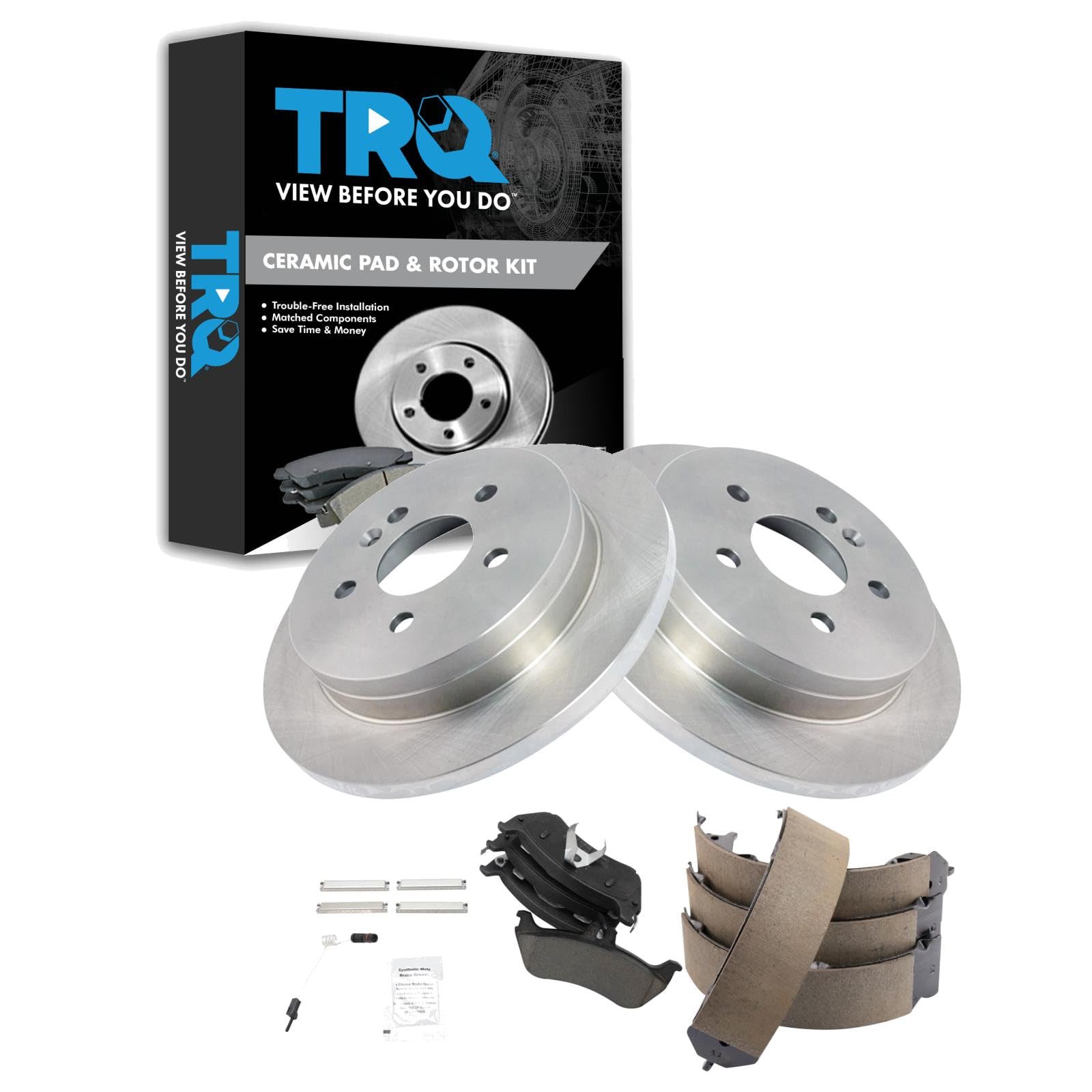 TRQ Rear Brake Pad and Rotor Set Ceramic Parking Brake Shoes Compatible with 1998-2003 Mercedes-Benz ML320 2003-2005 ML350 1999 ML430