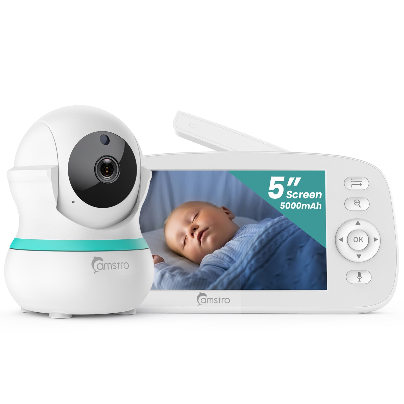 CAMSTRO Camara Vigilancia Bebe de 5'' Monitor, 355° PTZ Vigilabebes con Camara con Voz Bidireccional, Visión Nocturna, Audio bidireccional, 5000 mAh batería de Recordatorio de Alimentación, Zoom 4X