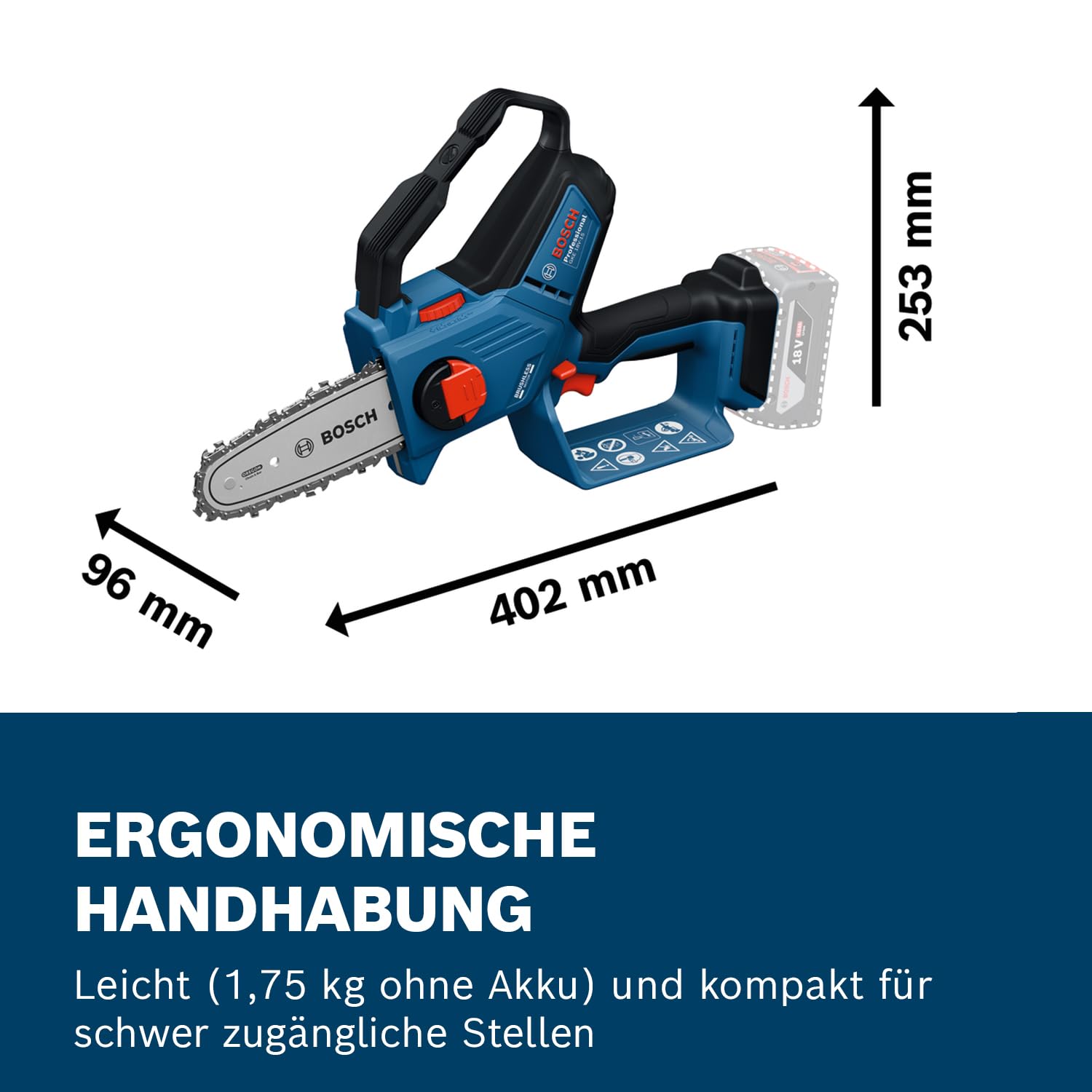 Bosch Professional 18V System Astsäge GKE 18V-15 (bis zu 350 Schnitte pro Akku-Ladung, Schneiden bis 13 cm, bürstenloser Motor, inkl. Schwertschutz 15 cm)