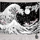 Diseño glamoroso y de ensueño: este tapiz colgante de pared con ondas japonesas está diseñado con elementos japoneses en blanco y negro, como Kanagawa, la montaña Fuji, el sol, la construcción y la flor de cerezo, es una excelente manera de agregar colores a su cama, techo y pared, haciendo tu habitación llena de sentido artístico