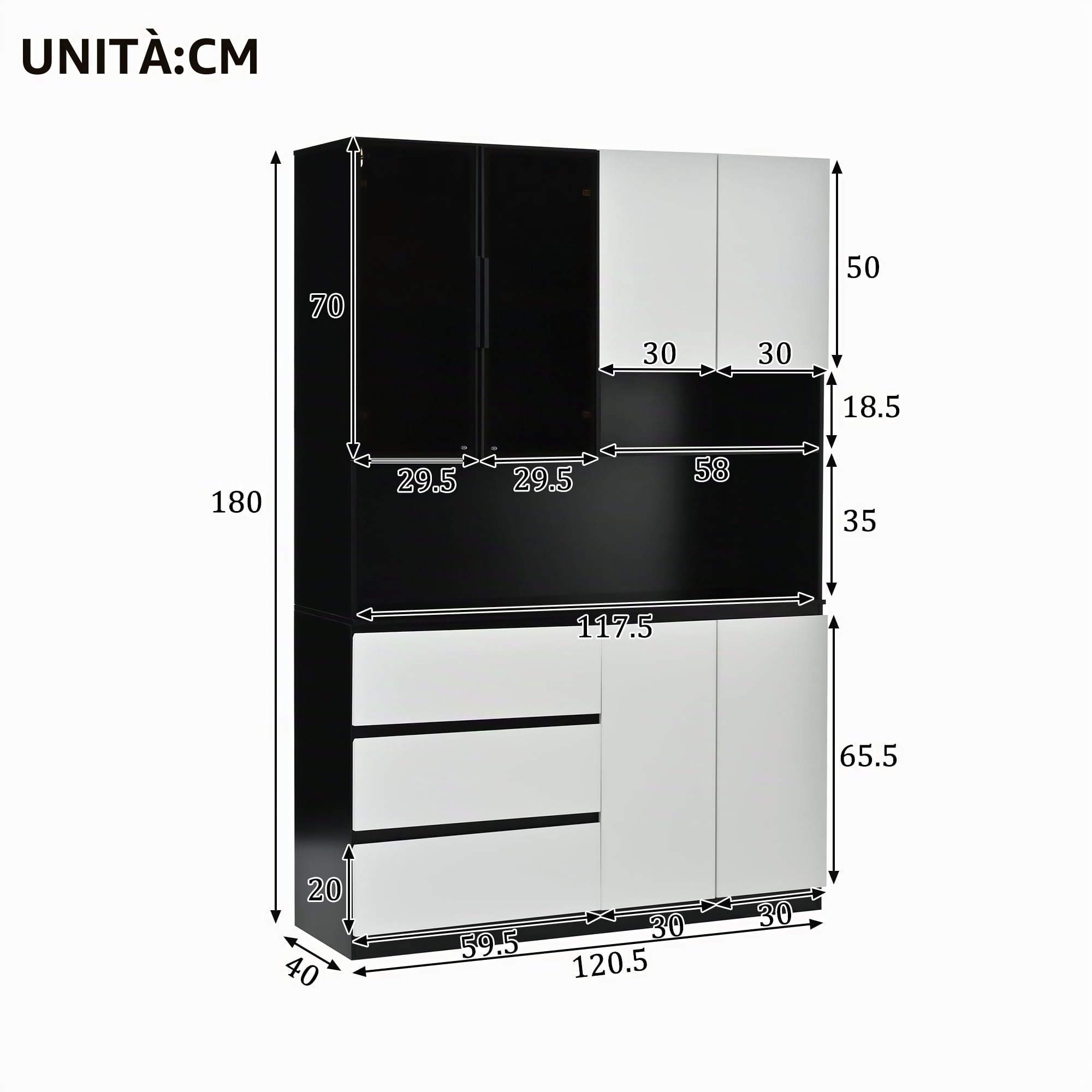 Armadi da cucina, vetrine da cucina, armadietti multifunzionali con 3 cassetti, 6 ante e ripiani per riporre stoviglie, forno a microonde, L 120,5 x P 40 x H 180 cm (bianco + nero)