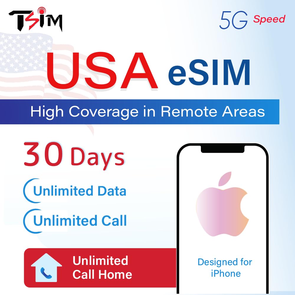 USA eSIM für Touristen – Unbegrenztes 5G-Datenvolumen + Unbegrenzte Anrufe & SMS | Hohe Abdeckung in abgelegenen Gebieten | 30-Tage-Plan | US-Nummer & 10 GB Hotspot | Für iPhone entwickelt
