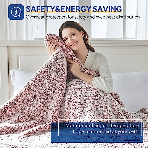 SEALY Electric Blanket Twin Size, Soft Sherpa Heated Blanket Single Control with 10 Heating Levels & 1 to 12 Hours Auto-Off Settings Over-Heated Protection 62"x84" Machine Washable, Rust Red