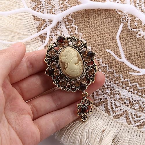 Image of Brooch Pins 2PCS Vintage Cameo Brooch Pins Women Crystal Pendant Brooches Alloy Rhinestones Brooch Flower Brooch Fashion Jewelry Clothing Accessories