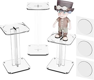 Cosmos 3 Pcs Figures Doll Stand Desktop Acrylic Display Stand Action Figures Showcase Mini Doll Display Holder with Reusable Sticky Gel Pads for Figures, Dolls, Small Collectibles, Rocks Crystals Display (Transparent Clear Color)