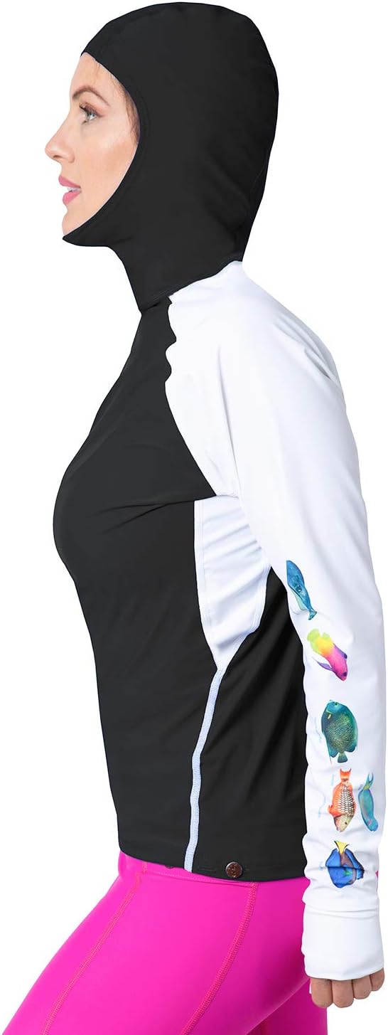 Tuga Women's Snorkel Hooded Rashguard, Caribbean Fish ID, UPF 50+, USA Made