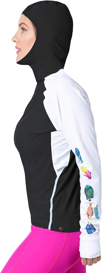 Tuga Womens Snorkel Hooded Rashguard, Caribbean Fish ID, UPF 50+, USA Made