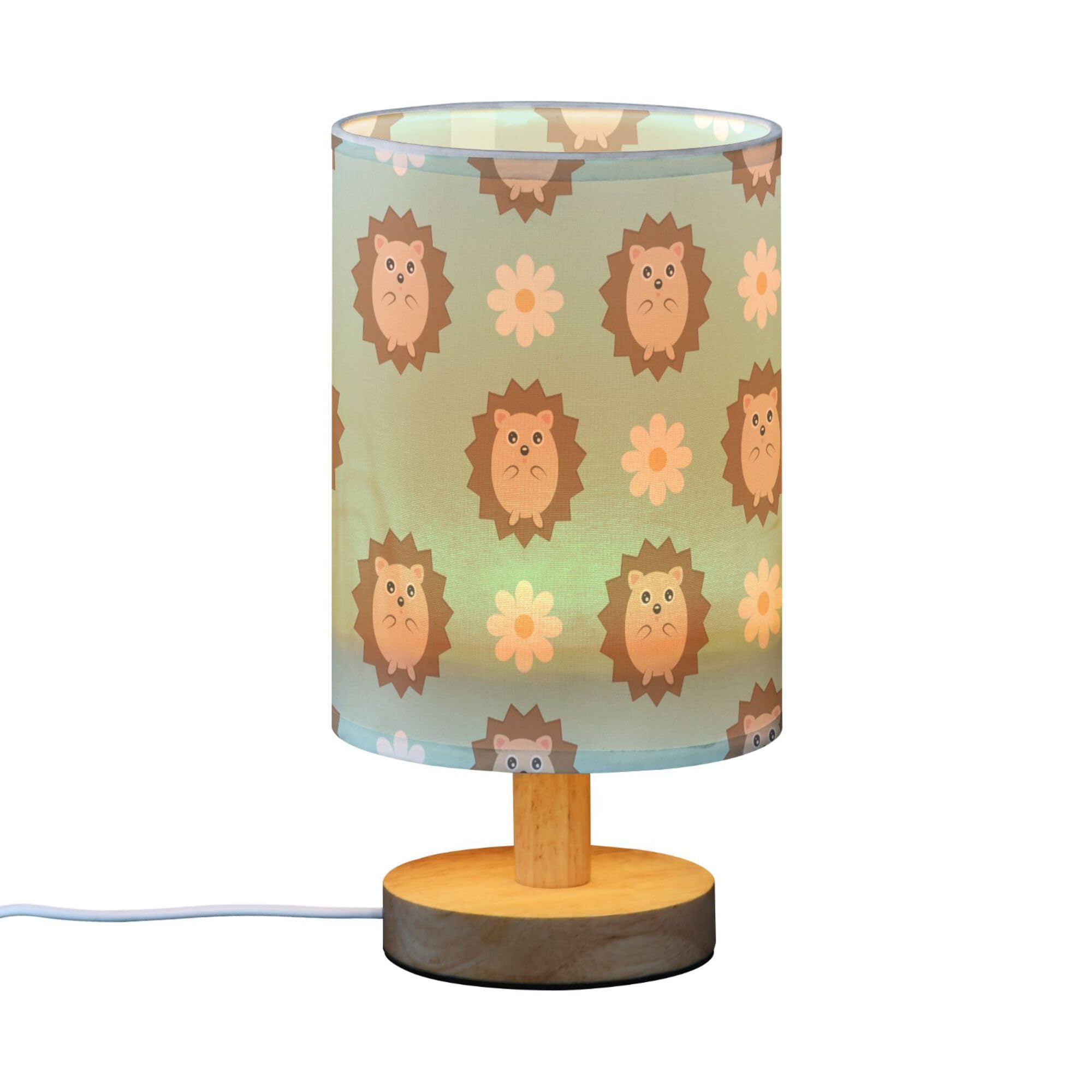 YYZZH Table Lamp Cute Hedgehog Daisy Flower Pattern on Blue Nightstand Lamp with Wood Base Fabric Lamp Shade Bedside Desk Lamp for Living Room Bedroom Kids Room Office