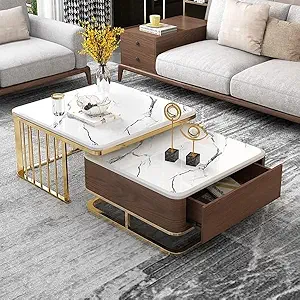 Welltrade Shoppee Modern Marble Finish Set of Coffee Table 2, Piece Stacking Tea Sofa Table Center Table with Wooden Drawer and Metal Frame for Living Room (Multicolor)