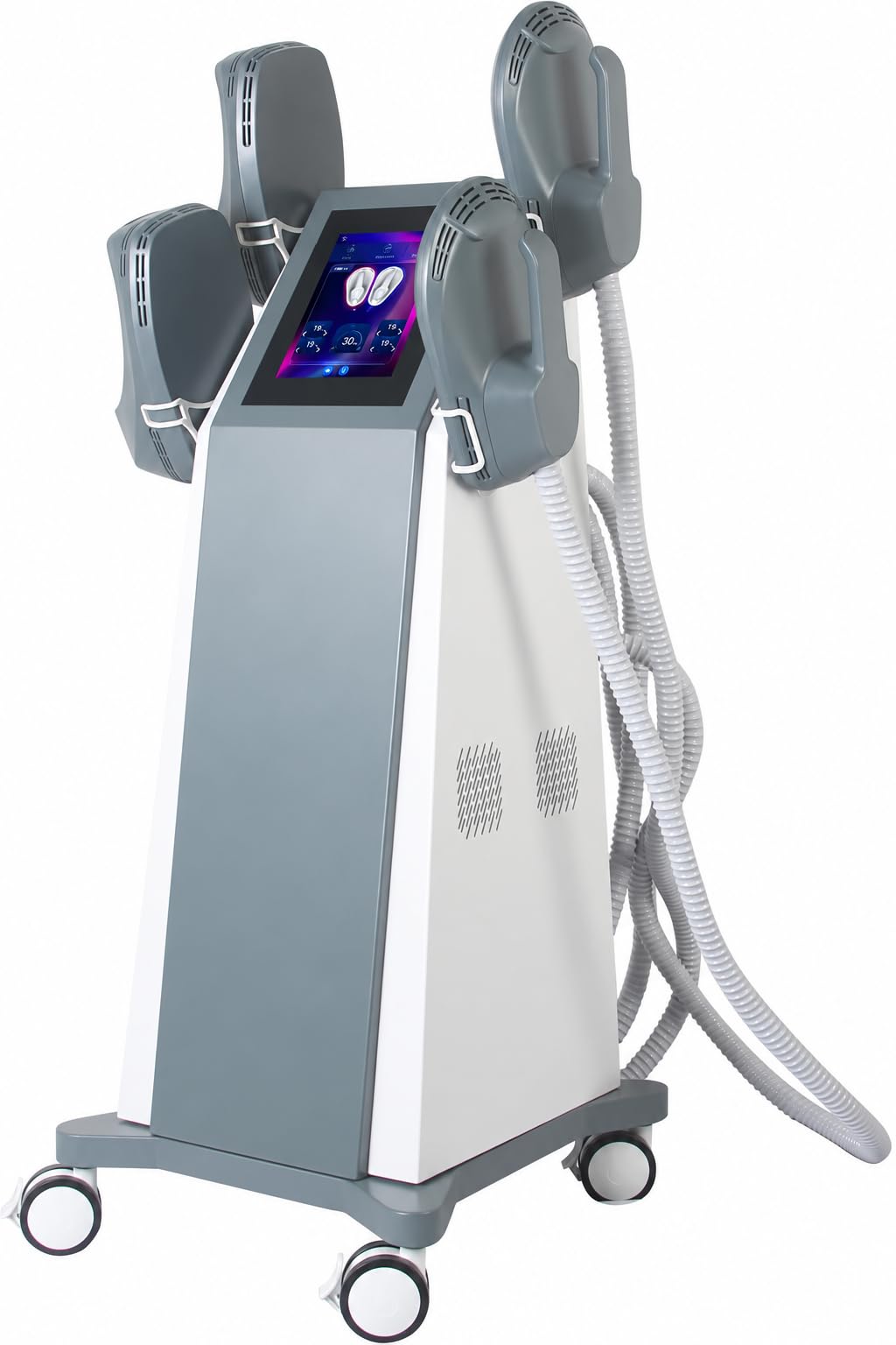 Massaggiatore corpo con due applicatori e touchscreen, per la cura regolabile di più zone del corpo