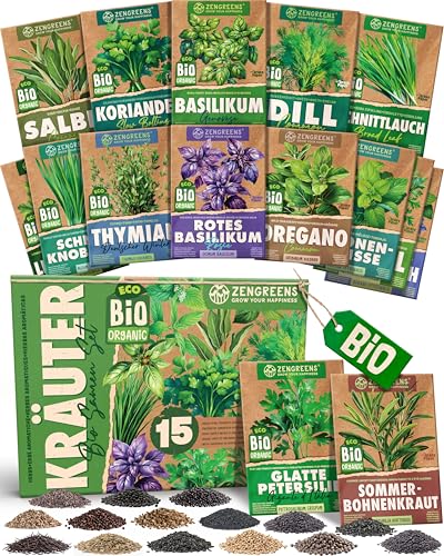 ZenGreens® - Bio Kräuter Samen Set - 15 Kräutersamen für den einfachen Anbau im Garten, Balkon oder Hochbeet - Pfalnzensamen - Saatgut