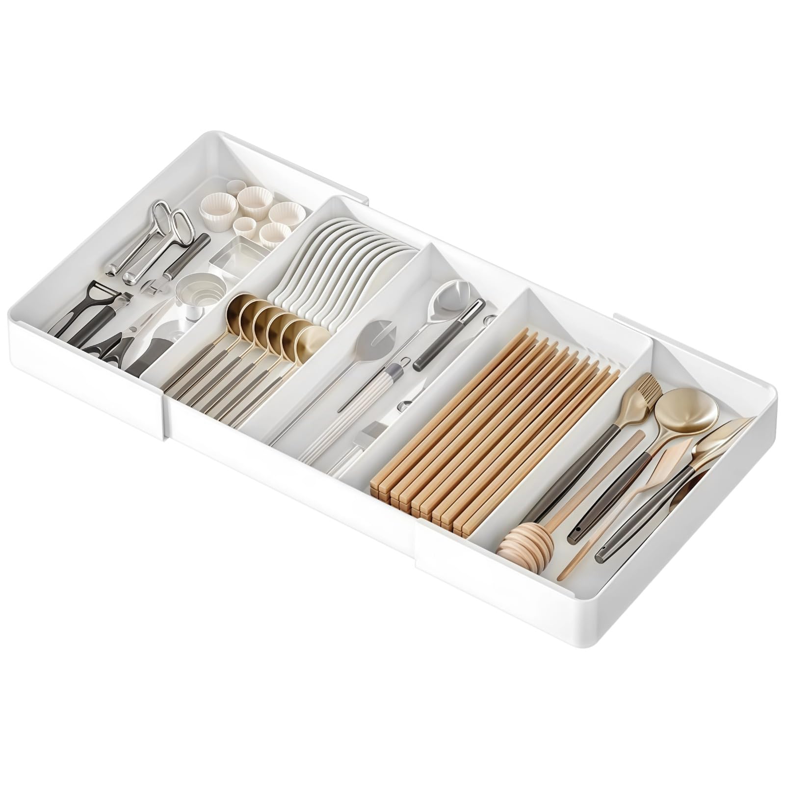 Packool Utensil Organizer for Kitchen Drawers, Expandable Drawer Organizer Tray, Adjustable Cutlery Divider Box, ABS Plastic, 10.6–20.1 in Wide, Ideal for Kitchen Utensils, Flatware, Small Items