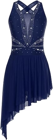Women Rhinestone Ice Figure Skating Dress Sleeveless Lyrical Dance Dress Flowy Tulle Skirt Leotard