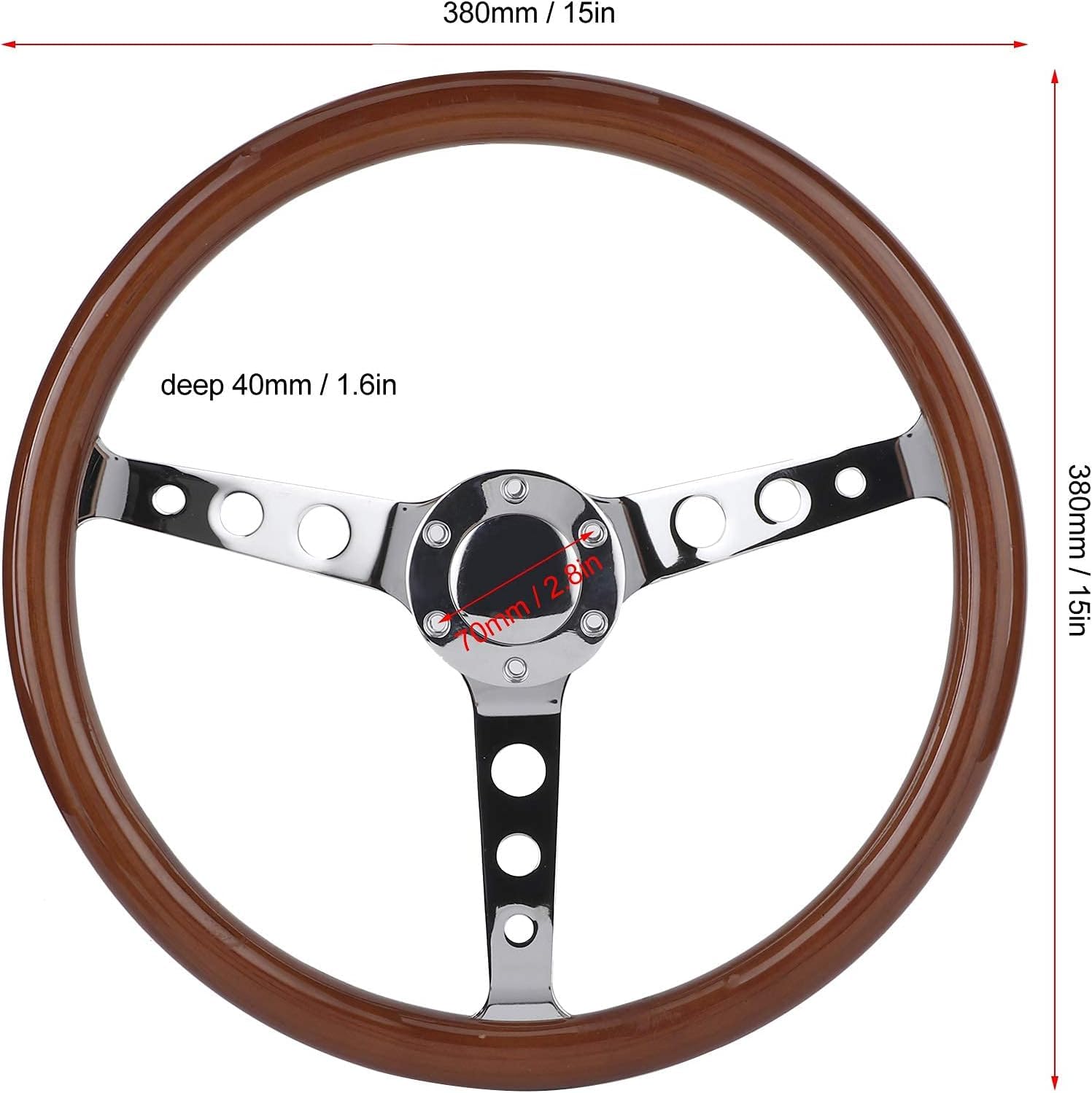 Volant bois Aramox, volant de 15 pouces à 6 trous, poignée en bois d'acajou rétro, rayon en acier inoxydable avec câble de couverture de klaxon