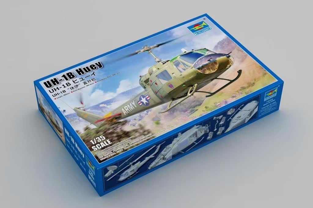 Unassembled plastic parts on sprues for UH-1B Huey model kit