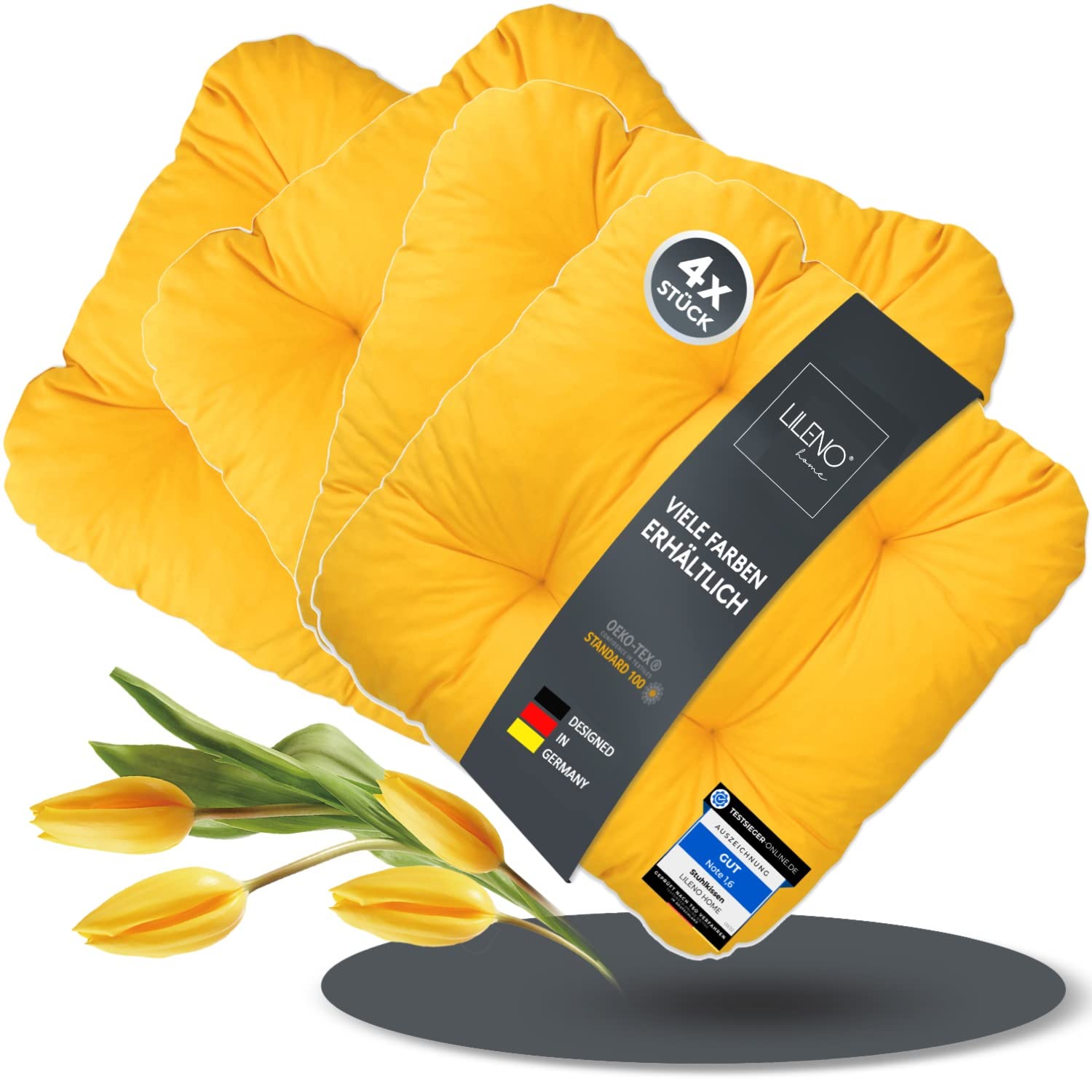 LILENO HOME Juego de 4 cojines para silla amarillo (38 x 8 cm) jardín, cocina o comedor Cómodos y resistentes a los rayos UV interior exterior, cojín
