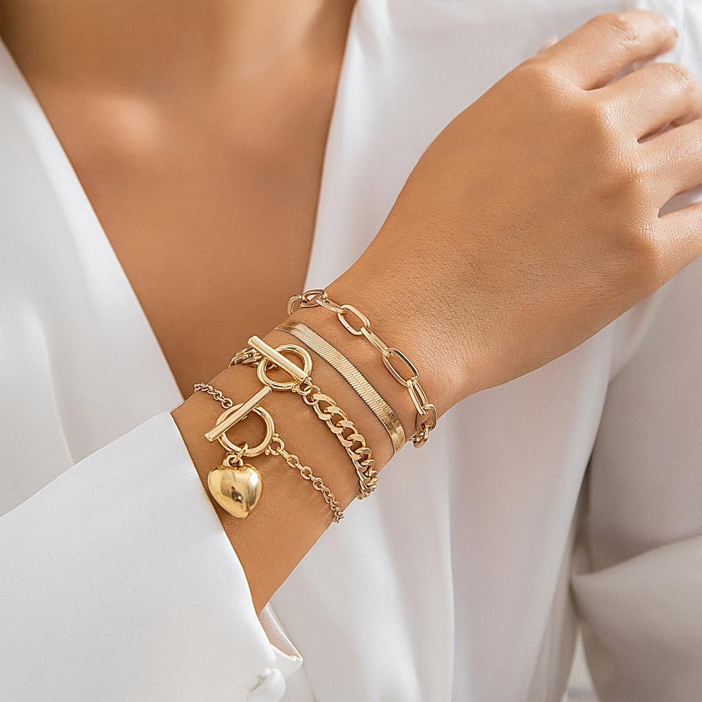 Stackable Gold Heart Toggle Clasp Bracelets Set for Women Layered Cuban Link Chain Bangles Adjustable Paperclip Bracelets Pack Jewelry Accessories - Image 2