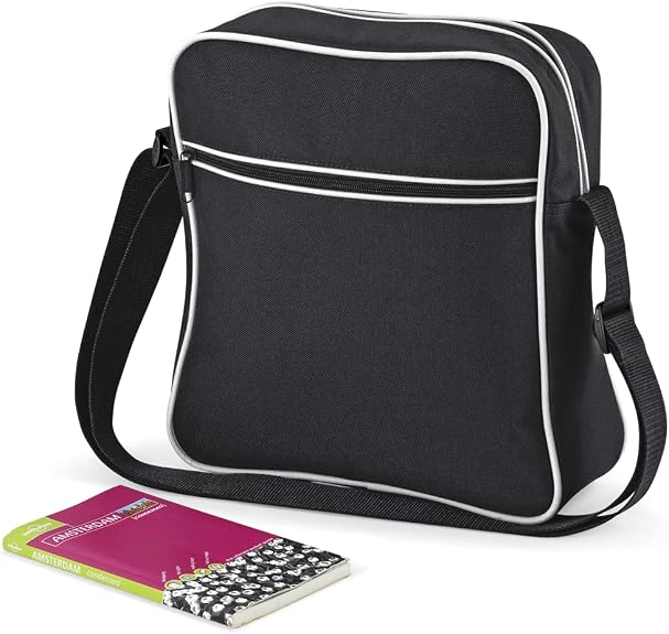 Bagbase Retro Adjustable Shoulder Bag – 18 Litre Capacity, Black/White, With Zippered Pockets - View #2