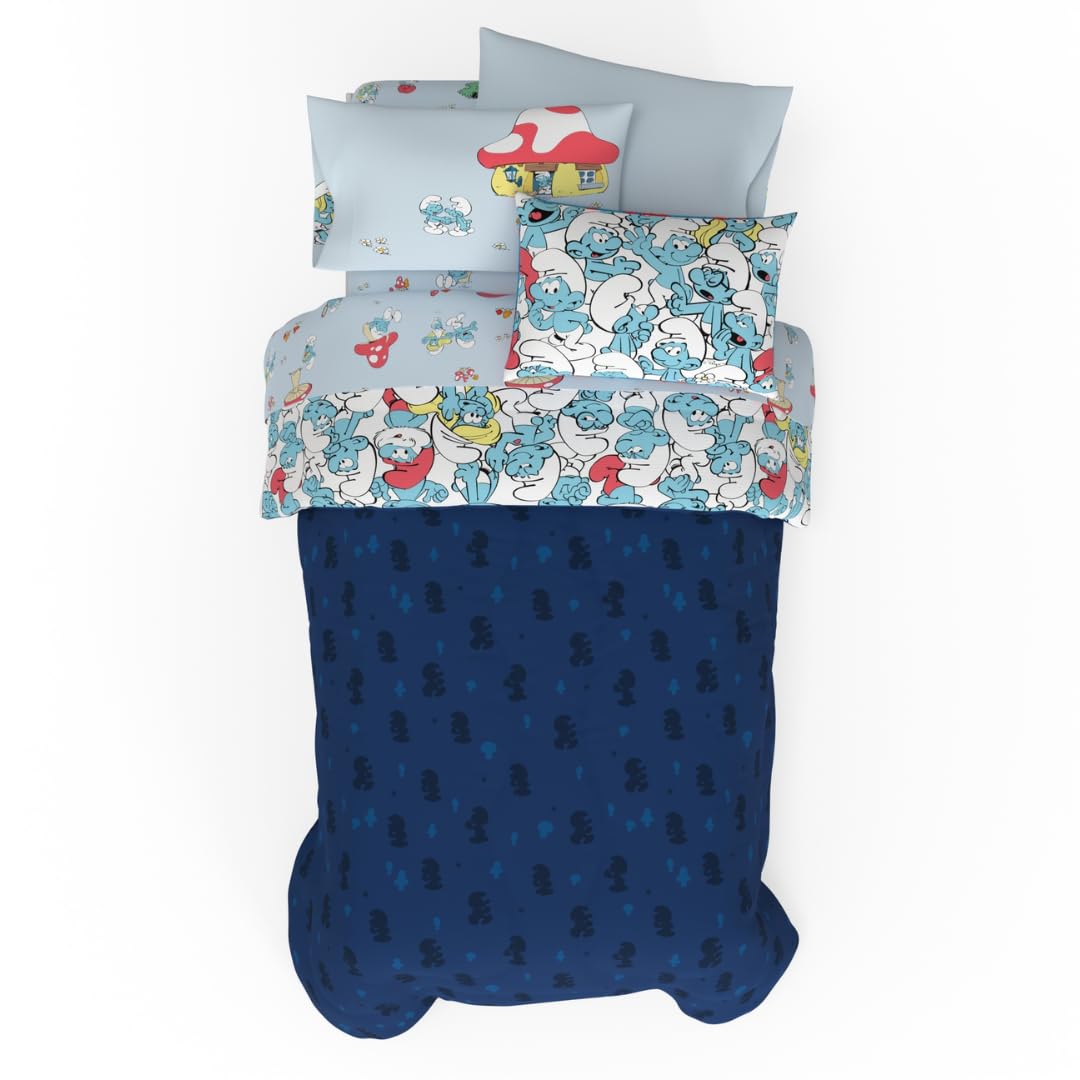 Franco The Smurfs Kinder-Bettwäsche-Set, superweich und gemütlich, wendbar, Mikrofaser, mit Kissenbezug, 5-teiliges Doppelbett, offizielles Lizenzprodukt