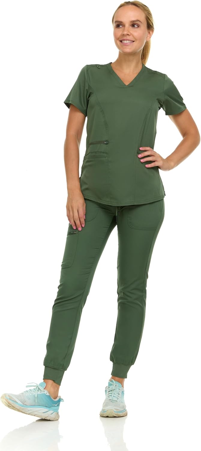MediChic Scrubs for Women's V-Neck Scrub Set with Six Pocket Ribbed Cargo Jogger Pants with 4-Way Stretch