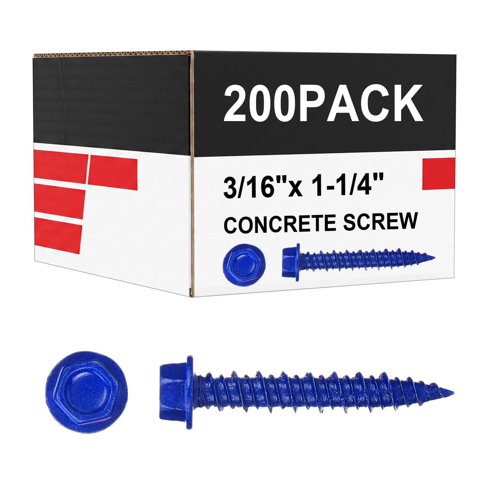 Therwen 200 anclajes de tornillo de hormigón de cabeza hexagonal azul de 3/16 x 1-1/4 pulgadas, tornillos de hormigón de acero al carbono endurecido, resistentes al óxido y a la corrosión para