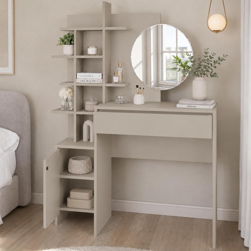 Shally Dogan Toletta Trucco con Specchio Rotondo e Mensole, Postazione Make Up Salvaspazio con Struttura in Legno Resistente, Ideale per Camera da Letto 105 x 35 x 151 cm (Sabbia)