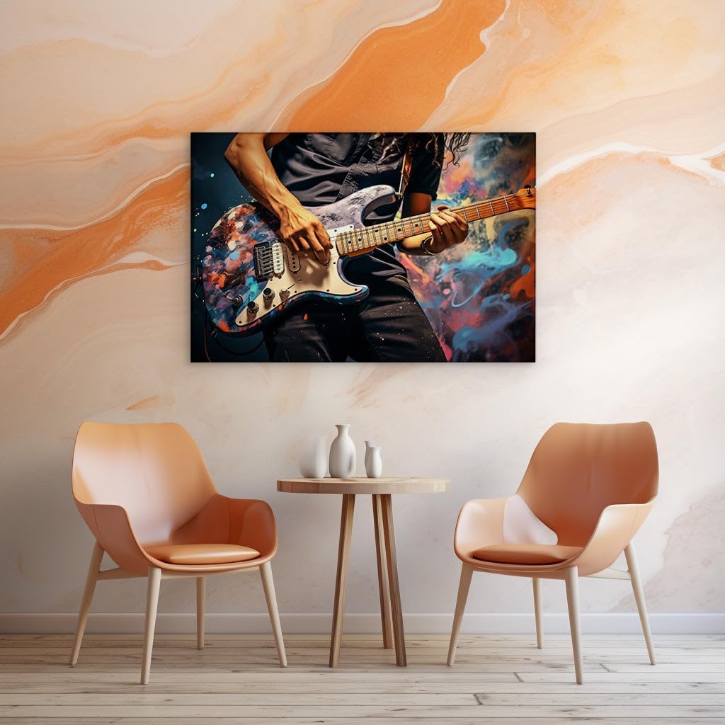 Canvas for Living Room. Hands in Harmony: Electric Riffs Against a Canvas of Colors, 27 x 18 inch Canvas Wall Art - Contemporary Masterpieces - Modern Home Decor