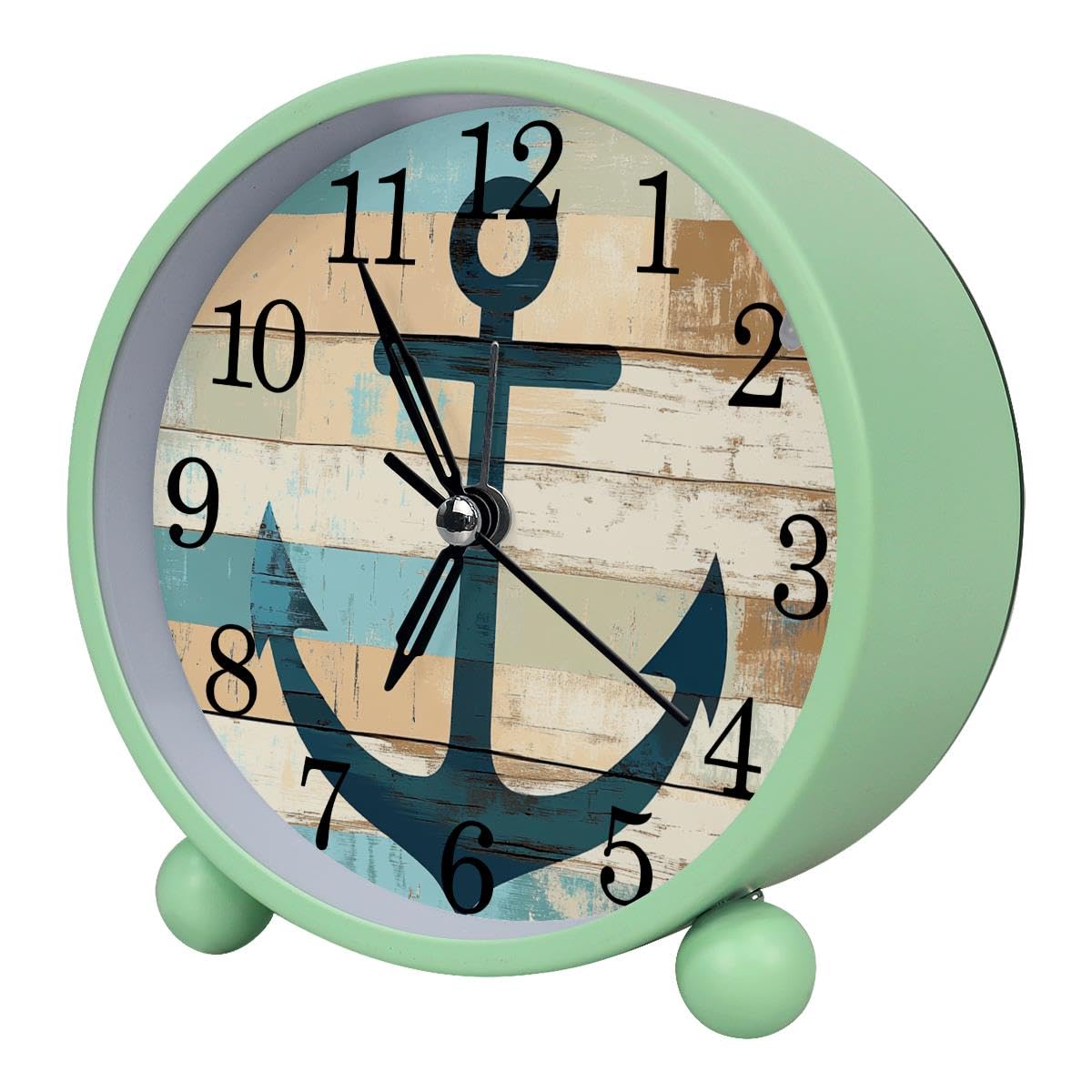 Luoweisi Alarm Clock Anchor on Rustic Planks, Silent Non-Ticking with Night Light, Round Metal Alarm Clock for Office, Battery Operated, Bedroom, Elderly, Adults, Children, Student Gifts