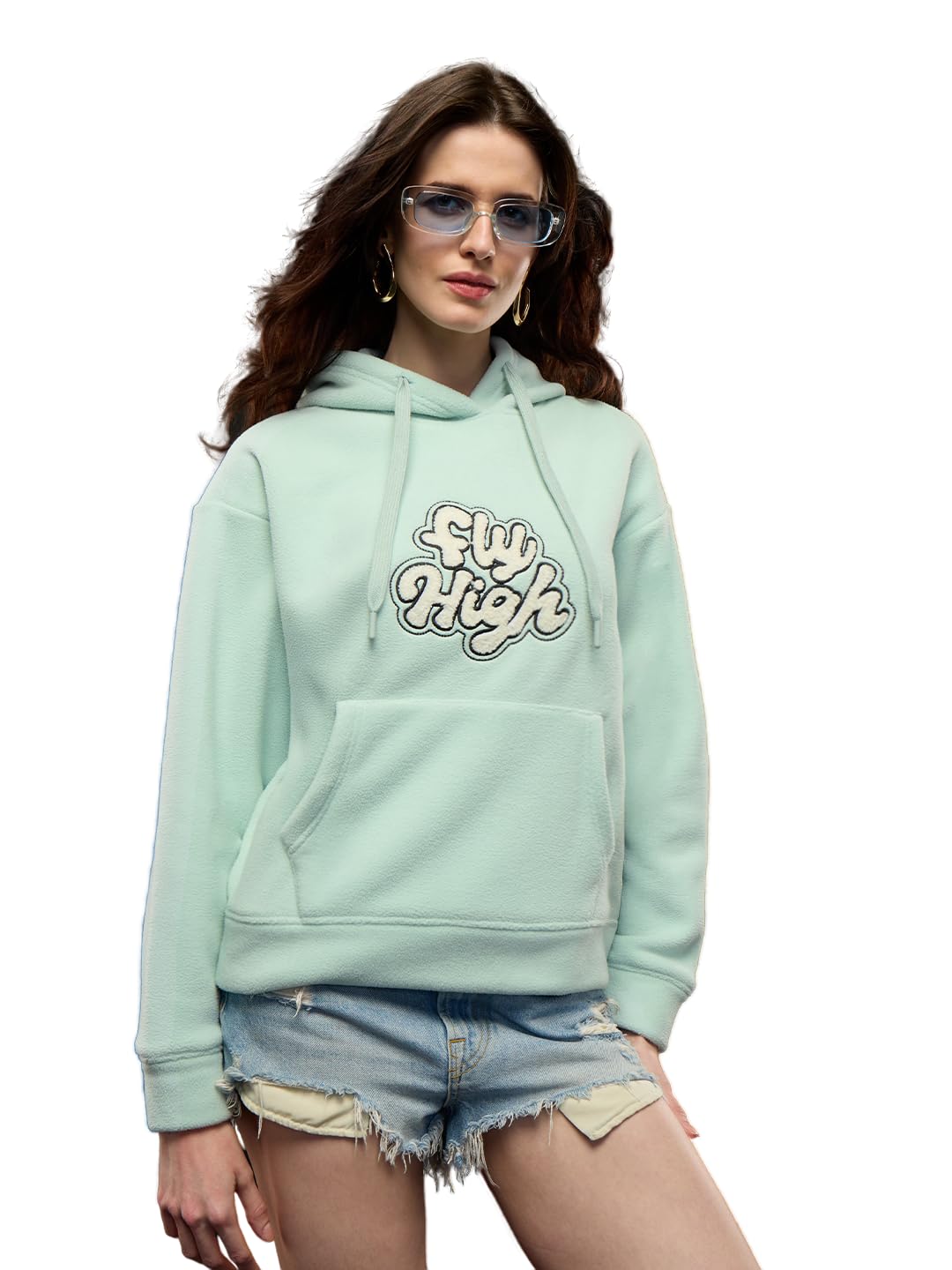 The Souled Store Fly High Women and Girls Long Sleeve Hooded Neck Mint Green Embroidered Polyester Drop Shoulder Streetwear Winter Ready Casual Oversized Hoodie in green