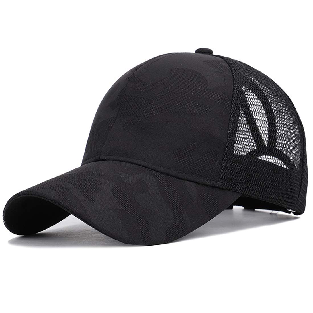 Xrdss Women's Camo Black Ponytail Baseball Hat Messy Bun Mesh Summer Peaked Cap (Camo Black)